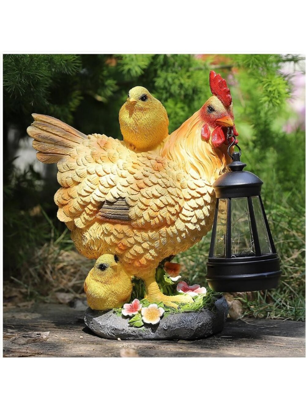 Solar Chicken Family Garden Statue & Lantern - Cute Resin Outdoor Decor for